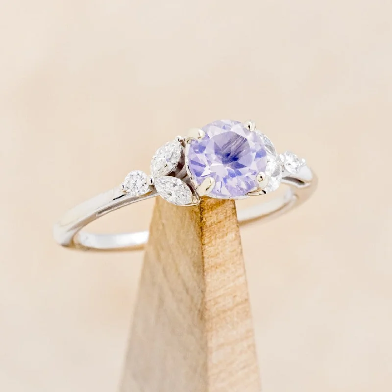 "BLOSSOM" - ROUND CUT LAVENDER QUARTZ ENGAGEMENT RING WITH LEAF SHAPED DIAMOND ACCENTS