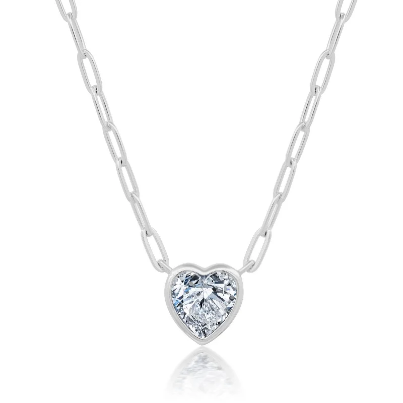 Crislu Platinum Plated Sterling Silver Cubic Zirconia 18-inch Heart Paperclip Chain Necklace