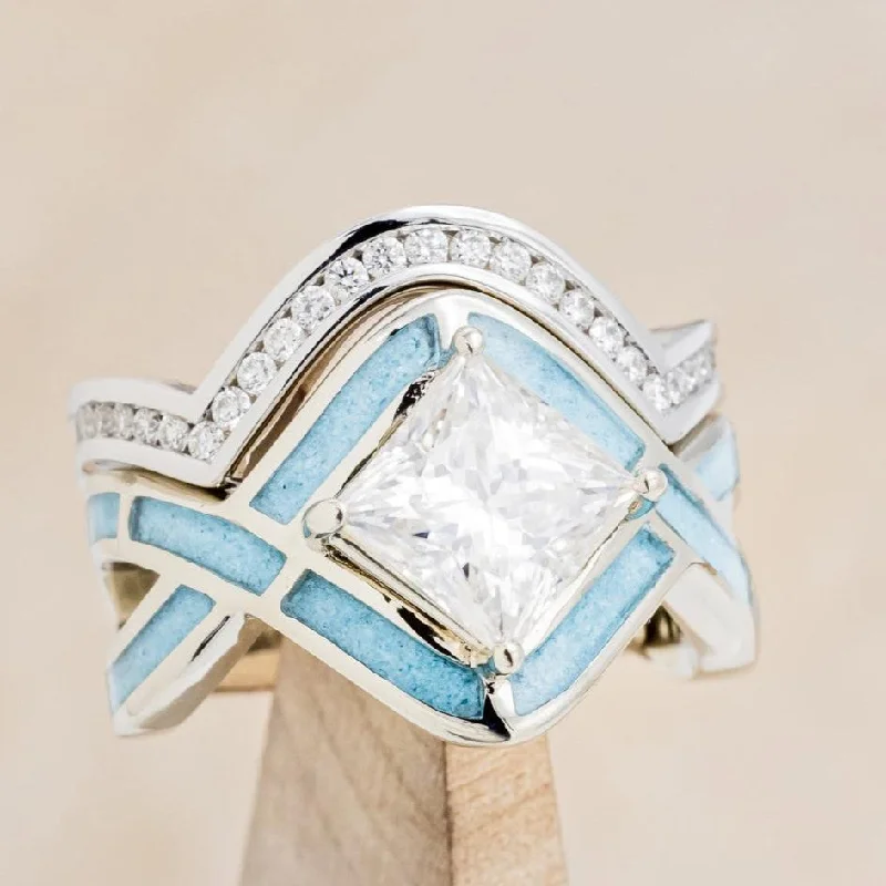 "HELIX" - PRINCESS CUT MOISSANITE ENGAGEMENT RING WITH TURQUOISE INLAYS & A DIAMOND TRACER