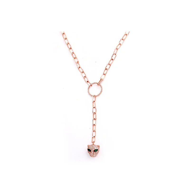 14k Rose Gold Diamond Pave and Panther Necklace on Chain Link