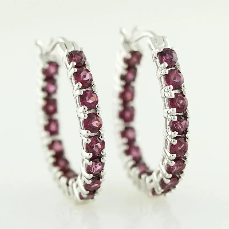 Sterling Silver 1-inch Inside-out Oval Rhodolite Hoop Earrings