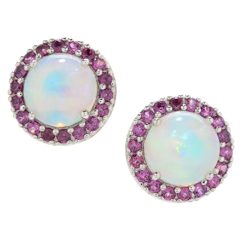 Sterling Silver Ethiopian Opal & Rhodolite Halo Stud Earrings