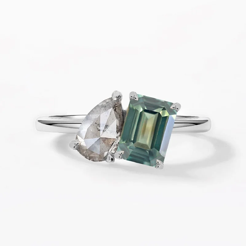 Toi Et Moi Salt and Pepper Diamonds & Green Sapphire Engagement Ring