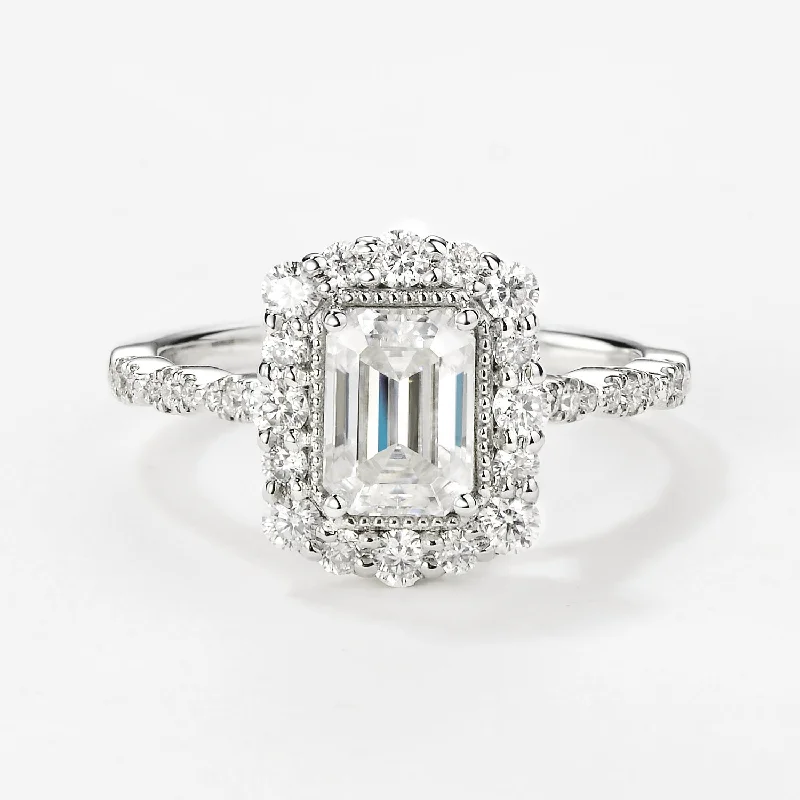 Emerald Cut Moissanite Classic White Gold Engagement Ring