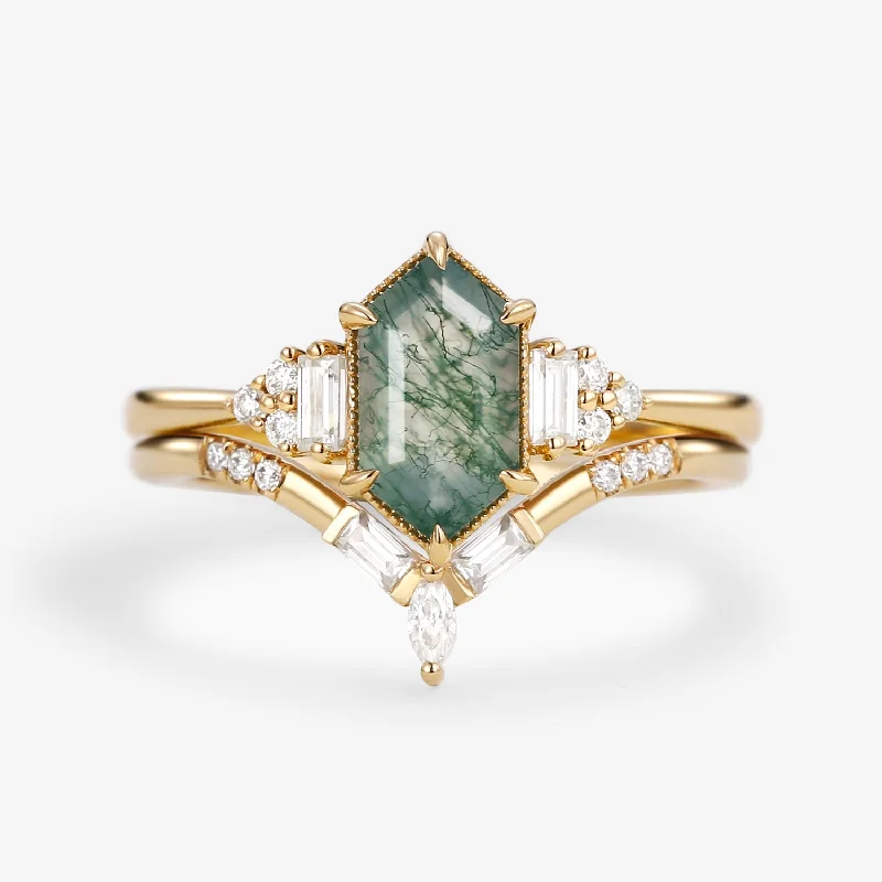 Long Hexagon Moss Agate Baguette Engagement Ring Set 2pcs