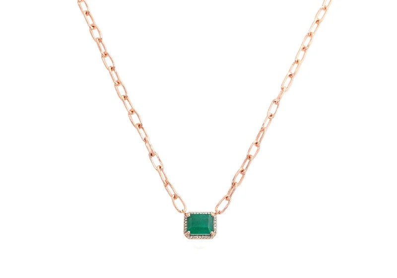 14K Rose Gold Chain Link, Emerald and  Diamond Pave Necklace