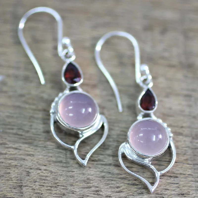 NOVICA Handmade Pink Crest Sterling Silver Garnet Chalcedony Earrings (India) - 1.8*0.6