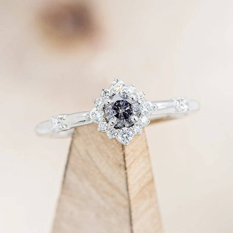 "STARLA" - ROUND CUT SALT & PEPPER DIAMOND ENGAGEMENT RING WITH STARBURST DIAMOND HALO