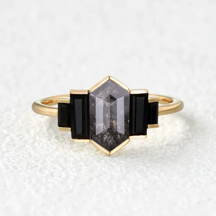 Hexagon Salt and Pepper Diamonds & Black Moissanite Stacking Engagement Ring