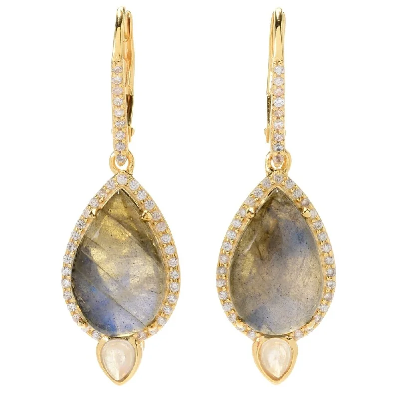 Labradorite & White Zircon Halo Drop Earrings